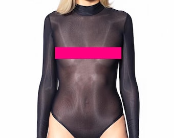 Sheer Black Netting Swimsuit with Long Sleeves and High Neck