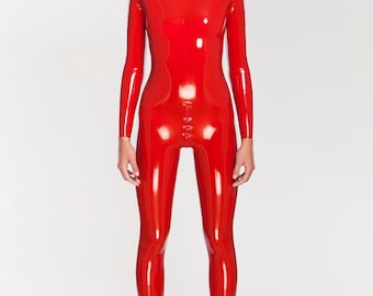 Latex catsuit with cups and closed feet