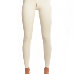 White latex leggings with double slider crotch zipper
