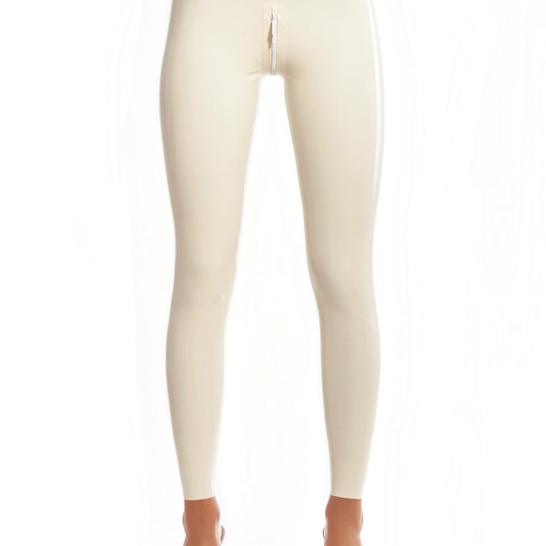 White latex leggings with double slider crotch zipper