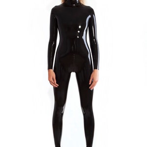 Neck entry latex catsuit with double slider crotch zipper