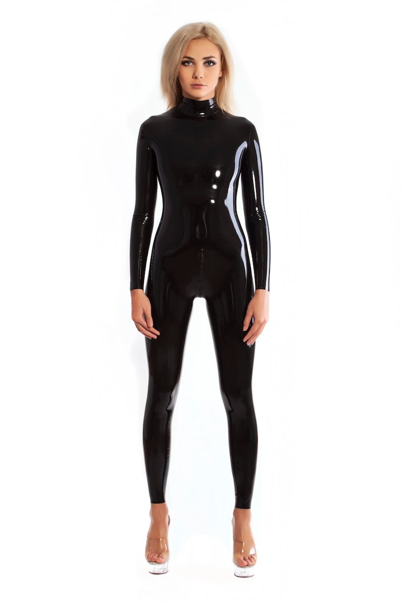 Neck entry latex catsuit with double slider crotch zipper image 1