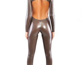 Latex catsuit with open back and front zipper