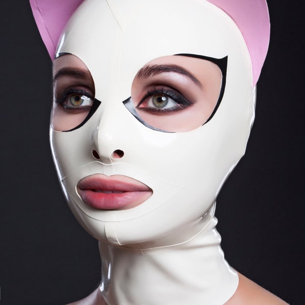 Masque de chat en latex avec cils et oreilles roses