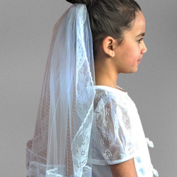 First Communion Veil Wide Raschel Lace Edge Waterfall Pure White or Natural White Velos de Primera Comunion