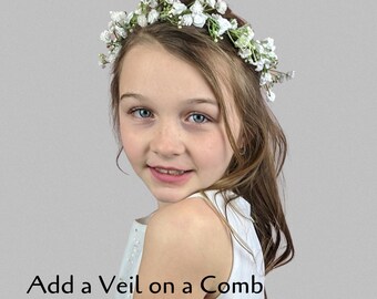 First Communion Headpiece Wreath Halo Baby's Breath Floral Meadow Choose Color Add Veil Option Tocado Primera Comunion
