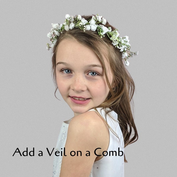 First Communion Headpiece Wreath Halo Baby's Breath Floral Meadow Choose Color Add Veil Option Tocado Primera Comunion