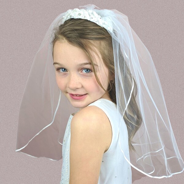 Communion Veil Tiara Headpiece Ribbon Lace Choose Color Length Tocado Velo de Primera Comunion