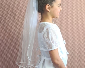 Communion veil short with satin bound edges and roses  clear comb 