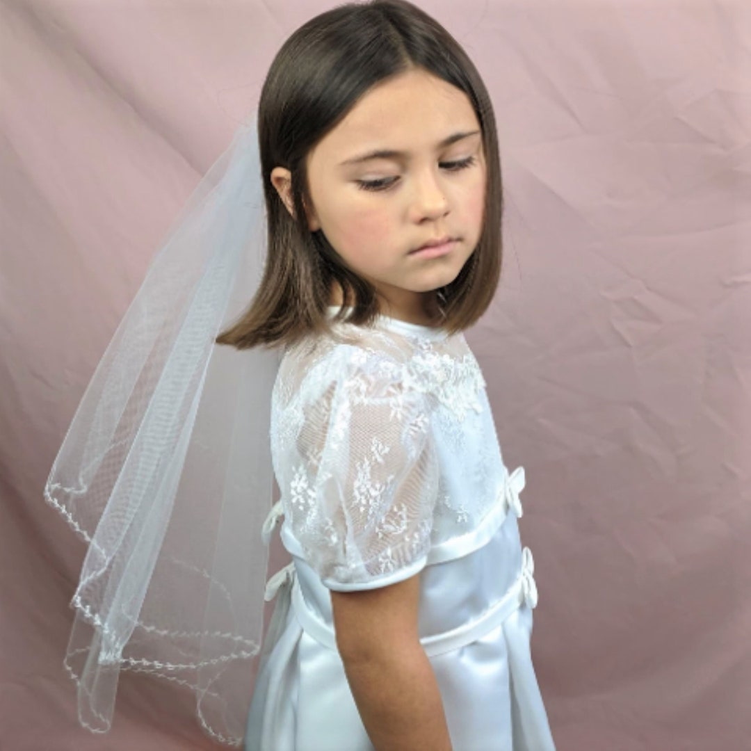 Velo de Primera Comunión Círculo 2 niveles Borde bordado en peine Velo de Primera Comunion