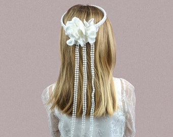 First Communion Veil Headpiece Pearl Beads Halo Bun Wrap Choose Color Add Veil Option Tocado Primera Comunion