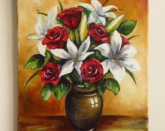 lilies and roses oil painting flower bouquet brown vase white red flowers hand painted wedding gift still life floral art mikimayo - Vase Painting lilies and roses oil painting flower bouquet brown vase white red flowers hand painted wedding gift still life floral art mikimayo - Vase Painting