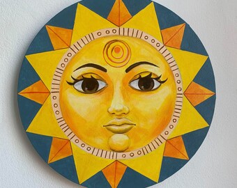 Sun - Original Acrylic Painting on a Round Canvas 30cm, MikiMayo Art