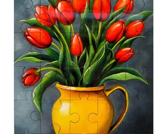 Jigsaw Puzzle, Red Tulips Painting, Gift for Her, Puzzle Gift