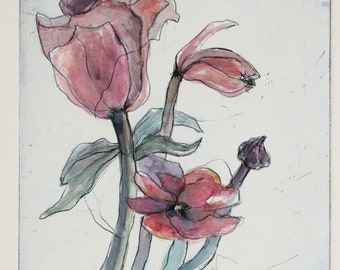 Original cold needle watercolor, anemones, prints on handmade paper, handprint (unique)