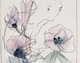 Ulrike Mohme signed unique Women at the Lake Original watercolour and cold needle etching