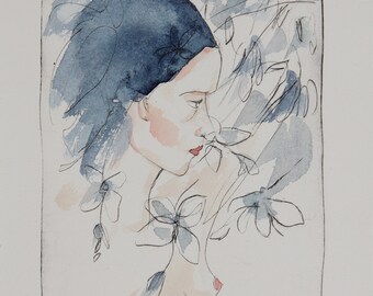 Ulrike Mohme signed unique Women at the Lake Original watercolour and cold needle etching