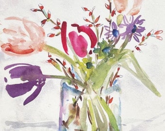 Carte postale bouquet printanier en vrac, aquarelle, carte fleurie, A6