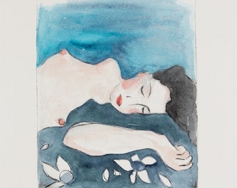 Ulrike Mohme signed unique Women at the Lake Original watercolour and cold needle etching