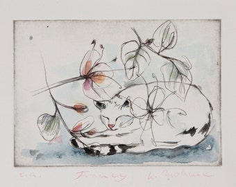Ulrike Mohme signed unique Women at the Lake Original watercolour and cold needle etching