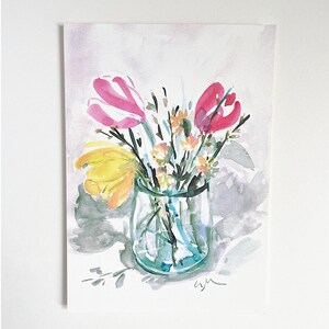 Cartão postal tulipas coloridas, aquarela, cartão de flores, A6