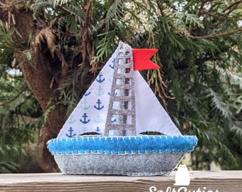 Soft Toy Sail Ship. Sailboat with Blue Sail. Handmade Felt Toy. Original Design.