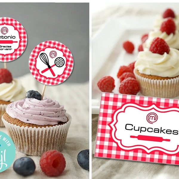 Personalised MasterChef stand up editable cupcake toppers / Thank You Tags tartan vichy red  / Chef Baking Party Birthday Editable Template