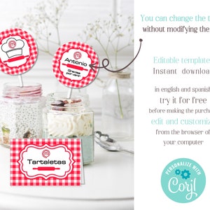 May include: Red and white checkered design labels and cards with a chef's hat and rolling pin graphic. The labels and cards have text that reads "Antonio" and "Tartaletas". The image also includes text that says "You can change the texts, without modifying the font".