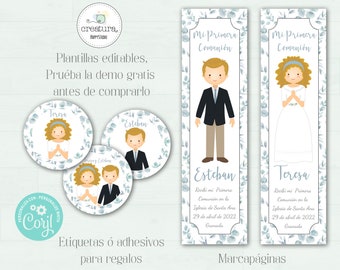 Bookmark and tags for First Communion gifts boy and girl. Printable kit, customize, edit and download at home with Corjl