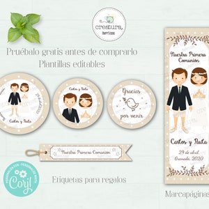 Adhesivos, marcapágina y etiquetas de Primera Comunión niño y niña Olivo / Desacarga, Edita e imprime desde casa/ Prueba gratuita con Corjl