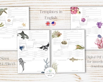 Puede incluir: Plantillas imprimibles blancas con ilustraciones de vida marina, incluyendo una tortuga marina, una orca y un tiburón. Las plantillas están etiquetadas con el texto "Templates in English" y "Digital PDF files for immediate download."