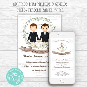 Puede incluir: Diseño de invitación digital con dos figuras de dibujos animados con trajes, enmarcadas por una corona verde. El texto dice "Carlos y Miguel" y "Nuestra Primera Com". Un smartphone muestra una invitación similar.