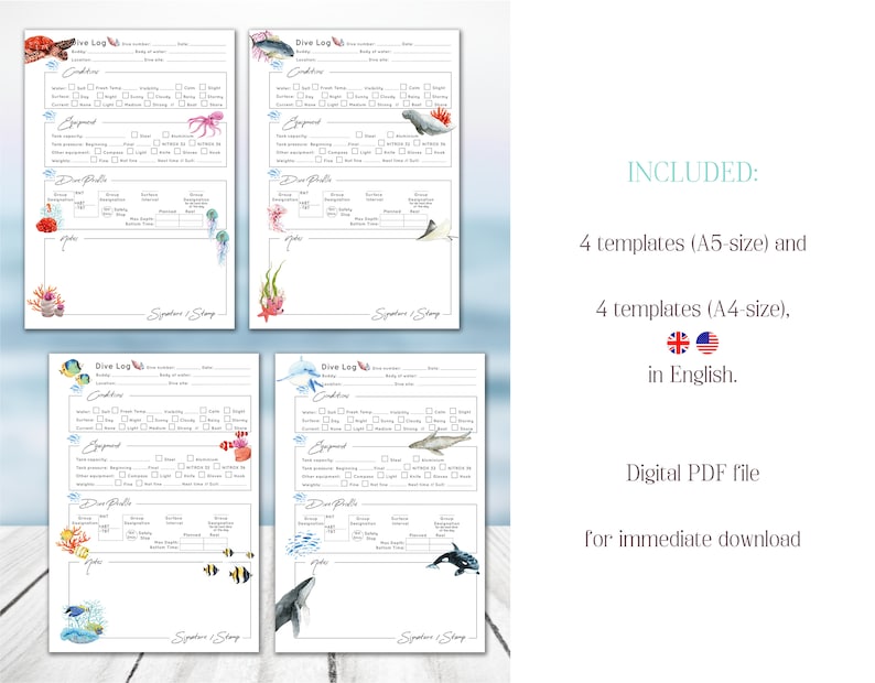 Digital Pages SCUBA Dive Logbook, Divers Log Book, A5 Divelog Sheets, SCUBA Diving Log Pages