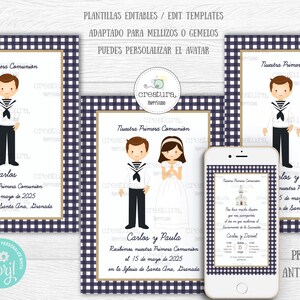 Puede incluir: Plantillas digitales de invitación para la Primera Comunión, con ilustraciones de dibujos animados de niños con trajes de marinero y vestidos. Los diseños incluyen texto en español, con un borde a cuadros azul marino y blanco. Un smartphone muestra una invitación a juego.