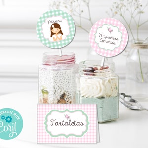 Etiquetas fáciles de editar para fiesta de comunión con cuadros vichy / Edita y Personaliza regalos de comunión / Dibujo niña de comunión