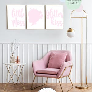Descarga digital póster decoración dormitorio de niña | Cuadros de 3 carteles letras rosas | Láminas para decorar habitación de la princesa.
