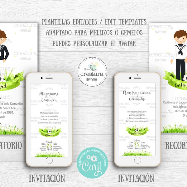 First Communion soccer boy and twins/ Digital invitation and  Reminder/ Download, Personalize, edit and print at home. Free trial with Corjl