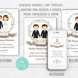 Invitation/reminder First Communion, olive branches with matching siblings. Customize, edit and download at home with Corjl