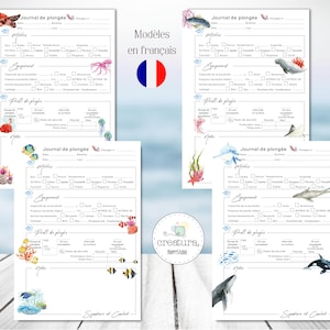 Könnte beinhalten: Vier weiße Tauchlogbuchblätter mit Aquarellillustrationen von Meereslebewesen, darunter Fische, Korallen und ein Wal. Der Text "Journal de plongée" ist sichtbar, zusammen mit der französischen Flagge und den Worten "Modèles en français."