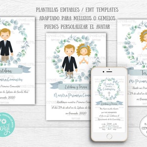 Invitación y recordatorio Primera Comunion hojas de Eucalipto, niño, niña y hermanos. Personaliza edita y descarga en casa con Corjl
