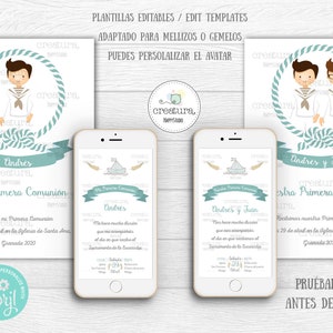 Imprimible invitación y recordatorio Primera Comunion Marinero niño y hermanos gemelos /Edita y descarga en casa - Prueba gratuita con Corjl