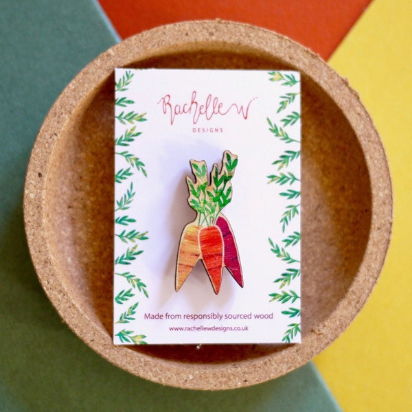 Multicolour Carrot Wooden Pin Badge | Vegetable Lover Gift | Stocking Filler