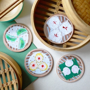 Set of Four &quot;Dim Sum / Yum Cha&quot; Coasters- Har Gow, Siu Mai, Char Siu Bao and Vegetable Gyoza Dumplings