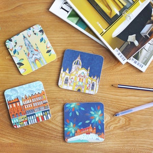 Set of Four &quot;Scenes of Edinburgh&quot; Coasters- Edinburgh Castle, Scott Monument, St Giles&#39; Cathedral and Victoria Street