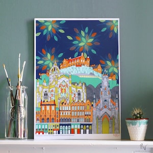 Scenes of Edinburgh Print (A3 or A4 size) Featuring Edinburgh Castle, St Giles&#39; Cathedral, Scott Monument and Victoria Street