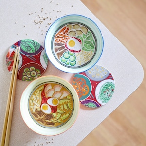 Set of Four "Korean Bap" Coasters- Bibimbap Rice, Neangmyeon Noodles and Banchan Side Dishes