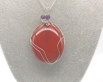 Crystal pendant necklace (wire wrapped) Red Jasper and Amethyst