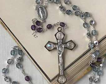 Catholic Rosary: Slate Blue, Silver and Purple Iris Crystal Beaded Rosary | Confirmation Gift |Catholic Gift |First Communion