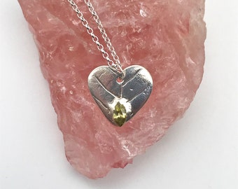 Silver Pendant Necklace/ Heart Leaf with Green Marquis stone