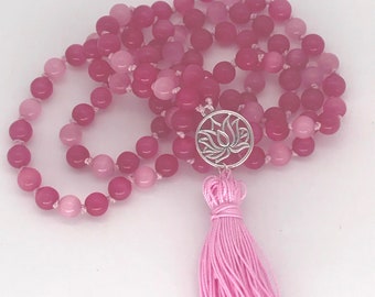 Mala Beads: Pink Cats Eye 108 Mala bead with tassel|Meditation Bracelet|Yogi Bracelets|Spiritual Protection|